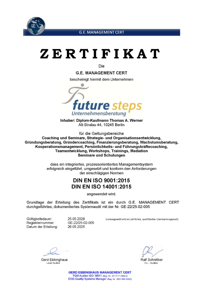 Zertifikat future steps - GE Management CERT ISO 9001 und ISO 14001
